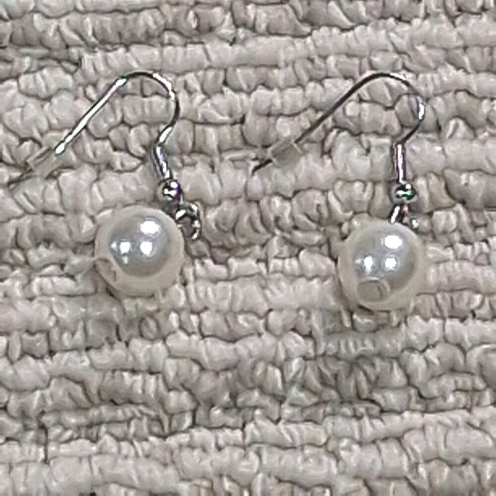 Silver Tone Faux Pearl Drop Dangle Earrings Fish Hook Pierced Women Jewelry